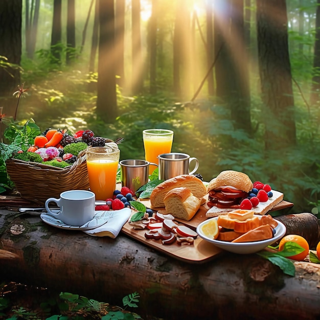 a delicious breakfast picnic in a wood by sunrise