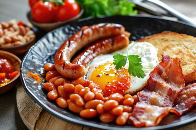 Photo a delicious breakfast plate featuring eggs bacon beans and toast perfect for foodrelated projects and culinary themes