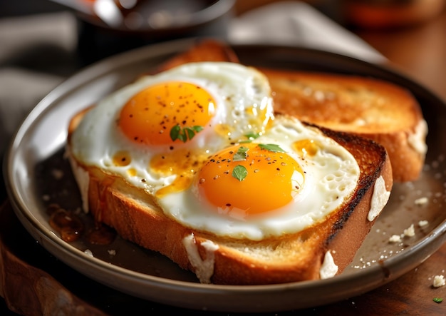 Delicious breakfast spread featuring perfectly softbaked eggs golden toast and melted cheese