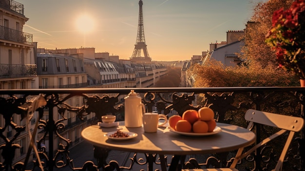 Photo delicious breakfast table french on a balcony in the morning sunlight beautiful view on the eiffeltower cozy romantic view in paris