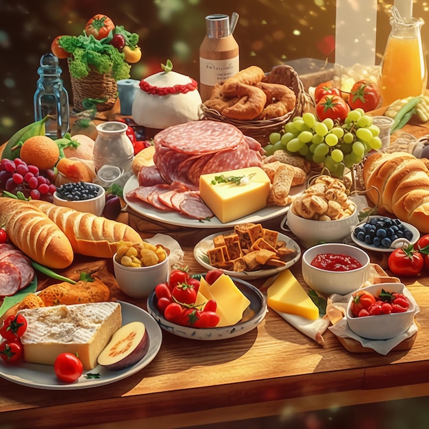 a delicious breakfast table with different breads cheese Sausage cold cuts salami dips fruits