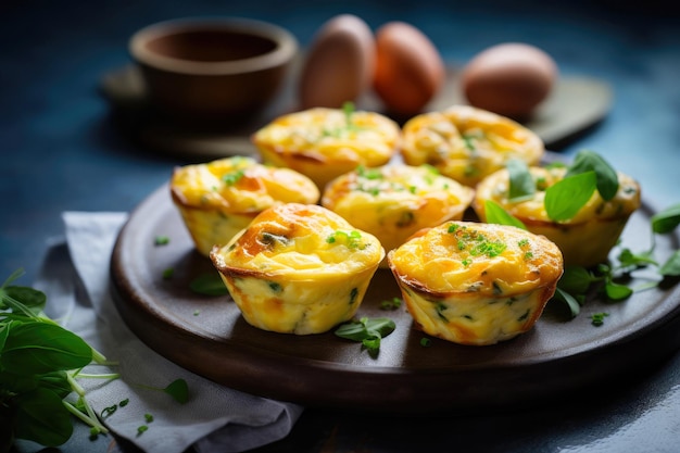 베이컨과 계란 머핀 컵에 치즈가 곁들여진 맛있는 아침 식사