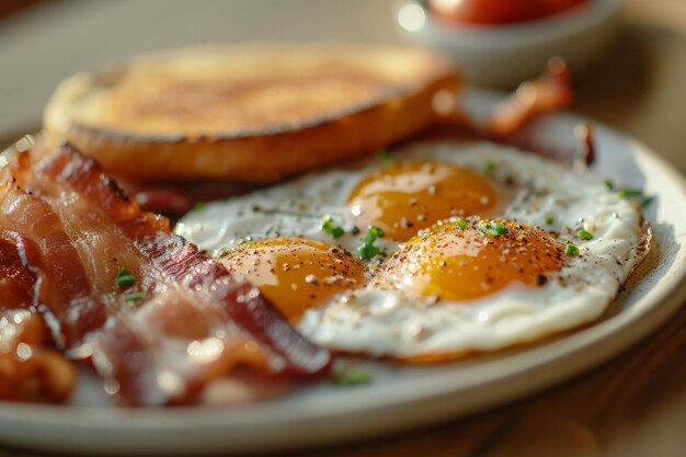 Delicious breakfast with bacon eggs toast and coffee on a plate perfect way to start the day