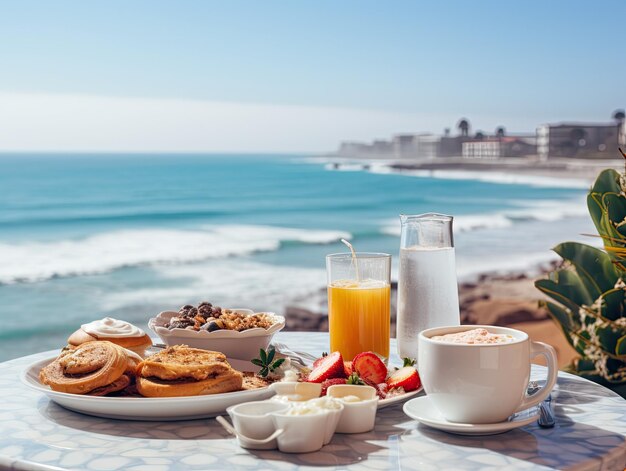 Delicious breakfast with coffee orange juice waffles pancakes fruits sauces and salad with sea view