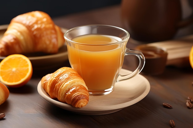 A delicious breakfast with croissants coffee and orange juice