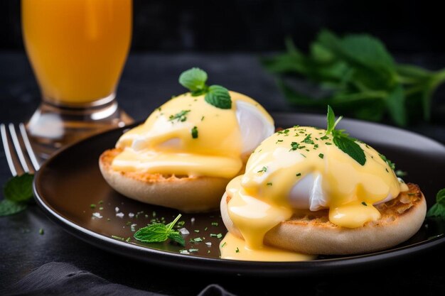 Foto deliziosa colazione con uova benedetto e succo