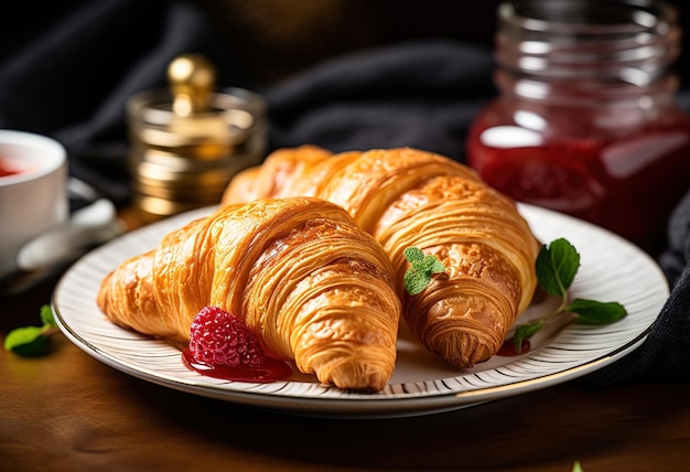 Delicious breakfast with fresh croissants and coffee with butter and honey