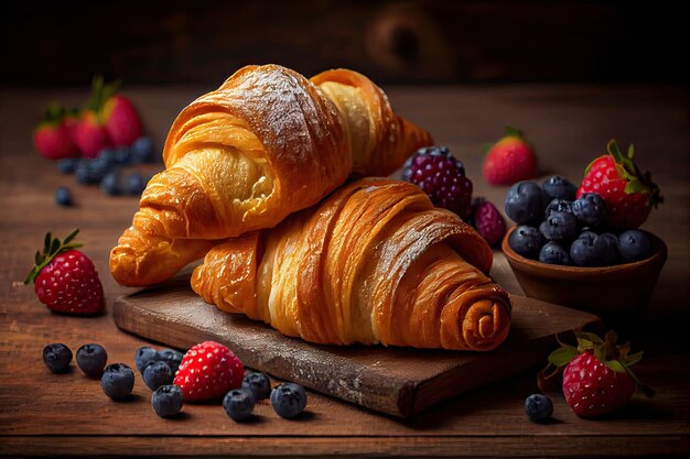 Delicious breakfast with fresh croissants and ripe berries on old wooden background selective focus