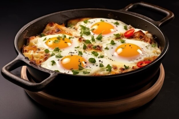 Delicious breakfast with quail eggs in a pan