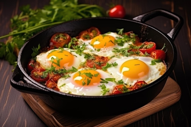 Delicious breakfast with quail eggs in a pan