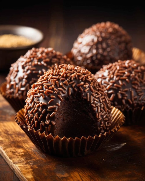 맛있는 Brigadeiro 브라질 음식 요리 어두운 스튜디오 배경