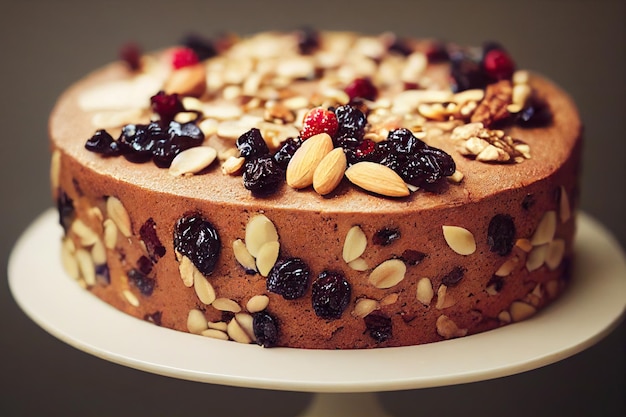 Delicious brown fruit cake with slices of dried fruit and nuts