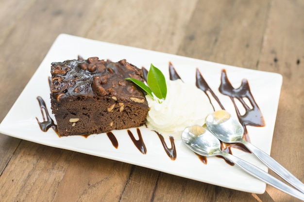 delicious brownie on white dish 