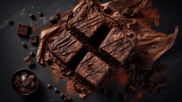 Photo delicious brownies with melted chocolate