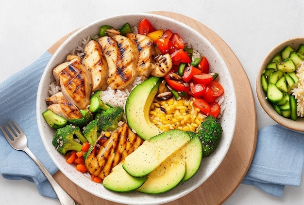 Delicious buddha bowl with grilled chicken