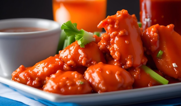 Photo delicious buffalo chicken wings with sauce background generative ai