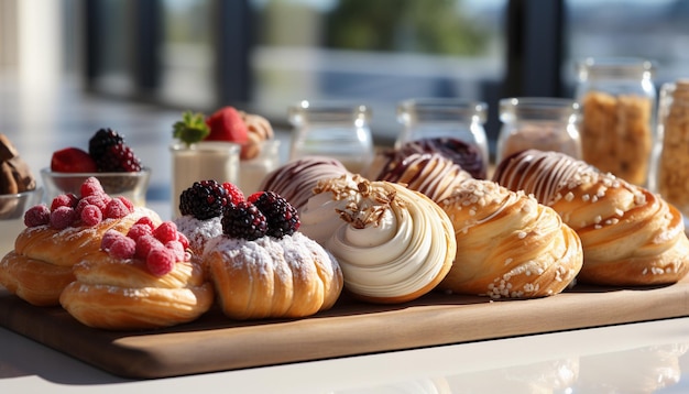 Delicious buns with cream and berries on table closeup