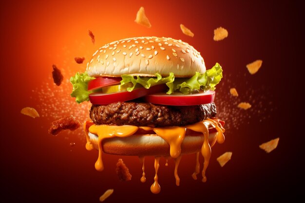 Delicious burger arrangement on a colorful background