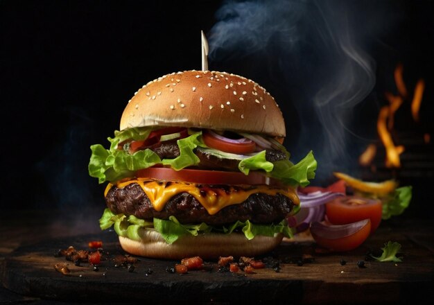 A Delicious burger on black background