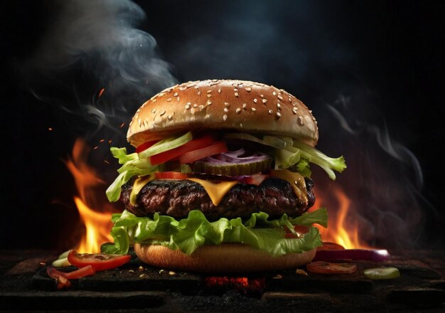 A Delicious burger on black background