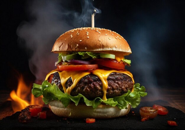 A Delicious burger on black background