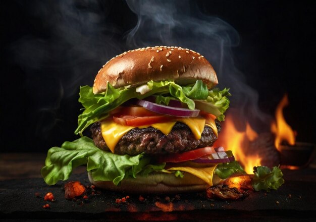 A Delicious burger on black background