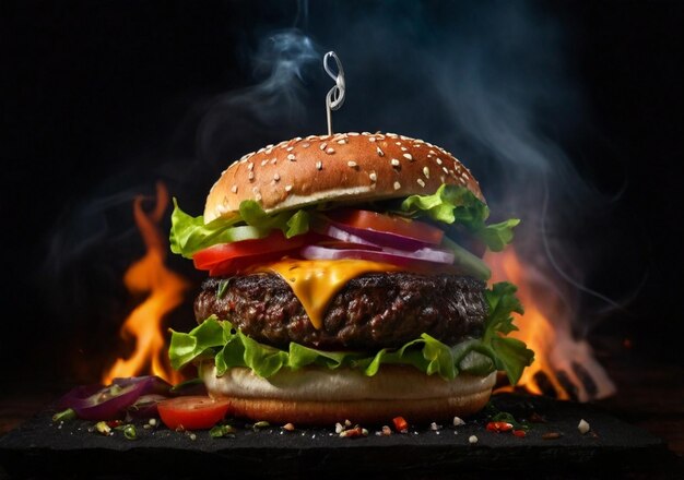 A Delicious burger on black background