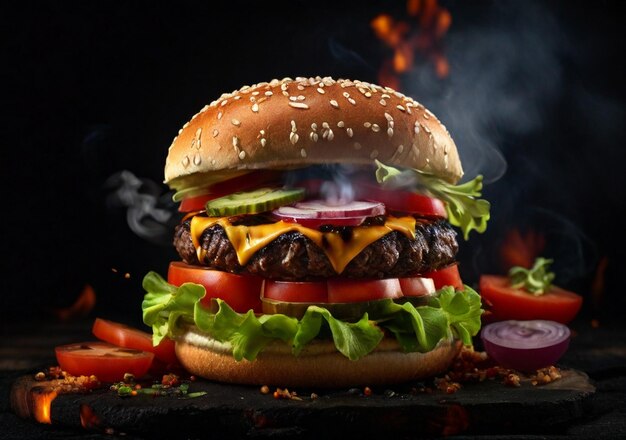 A Delicious burger on black background