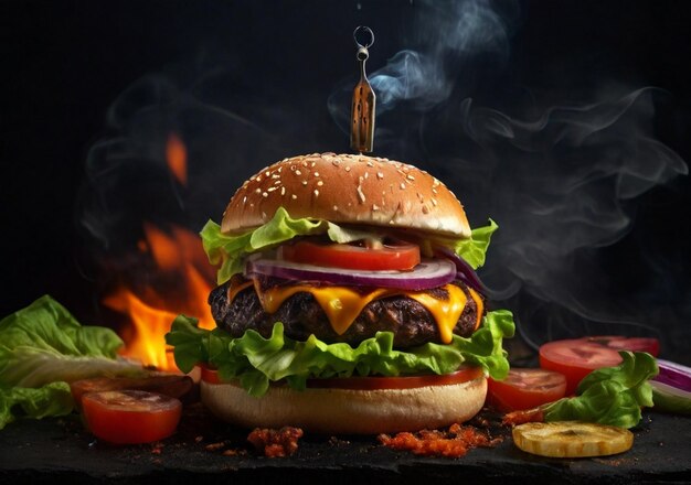 A Delicious burger on black background