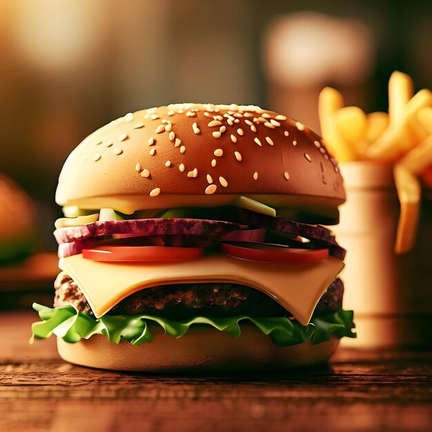 a delicious burger on a cafe table with French fries