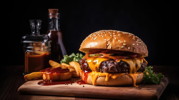 Delicious Burger Delight Sappig pasteitje, gesmolten kaas en knapperige groenten op een donkere achtergrond Perfect bevredigende gegenereerde Ai