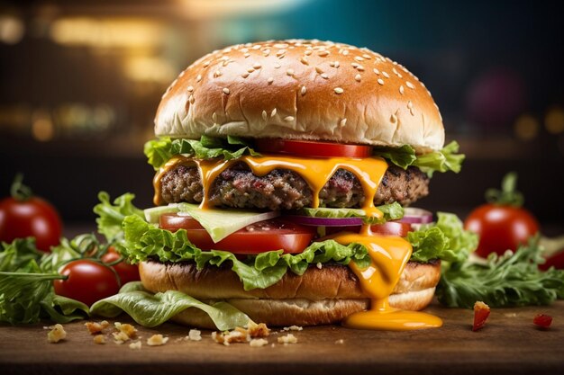 Foto delizioso hamburger ripieno di carne, salsa di formaggio, maionese, pomodori e verdure generato dall'intelligenza artificiale