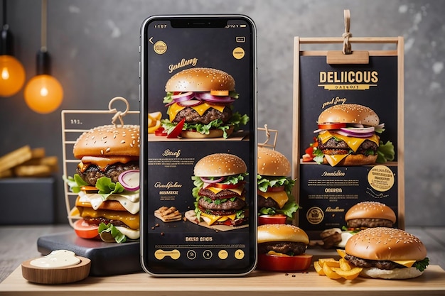 맛있는 햄버거와 음식 메뉴 인스타그램과 페이스북 스토리 템플릿