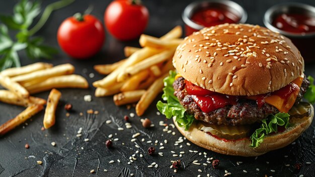 Photo delicious burger and fries for a mouthwatering meal