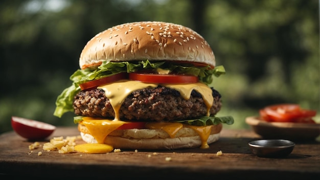 A delicious burger in a natural background