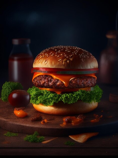 Delicious burger Photography ultra detailed 8k hd dark kitchen background