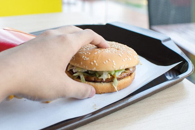 A delicious burger in a restaurant