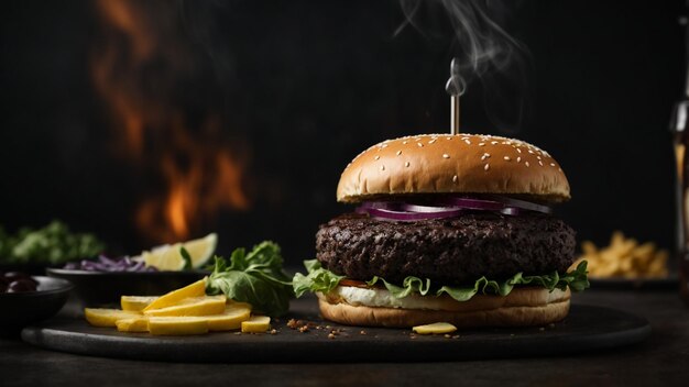 Photo a delicious burger in a smoky background