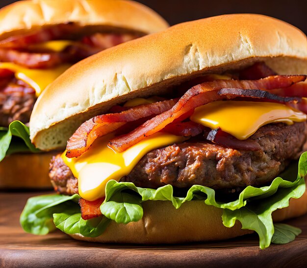 Delicious burger with beef bacon and french fries on wooden board closeup