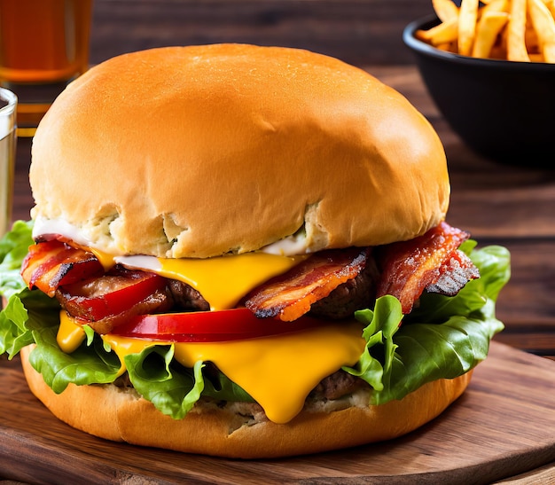 Delicious burger with beef bacon and french fries on wooden board closeup