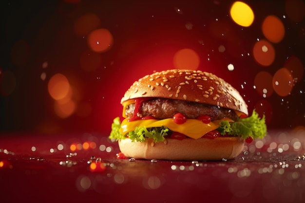 Delicious burger with cheese and fresh vegetables on a sparkling background