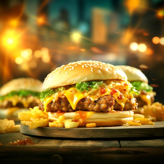 Photo delicious burger with cheese and green onion on a blur background