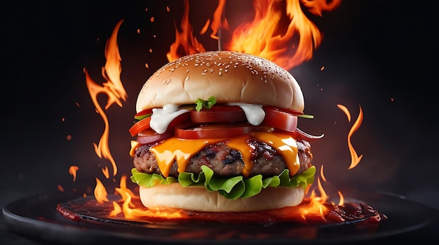 Delicious burger with fire flames on black texture