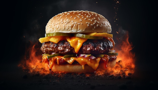 Delicious burger with fire flames image