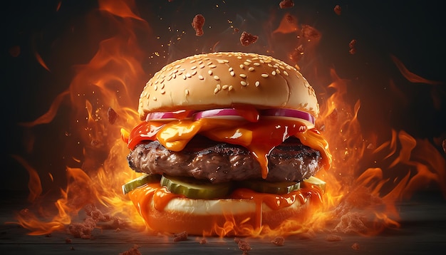 Delicious burger with fire flames image