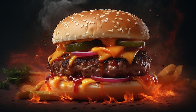 Delicious burger with fire flames with texture backgorund