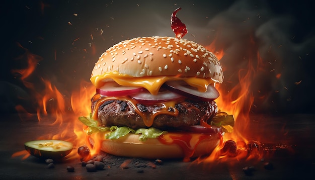 Delicious burger with fire flames