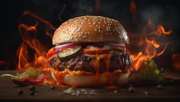 Delicious burger with fire flames