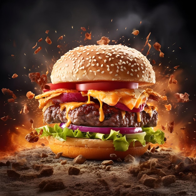 Delicious burger with flying ingredients and dark background