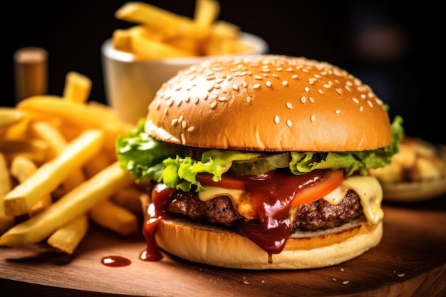 Delicious burger with fries combo